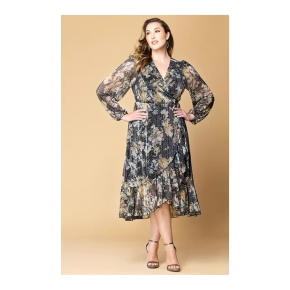 Kiyonna Clara Metallic Floral Wrap Midi-Dress NWT - Picture 1 of 10